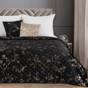 Narzuta welwetowa czarno, złota 200x220 cm zdobiona nadrukiem kwiatu jabłoni BLINK 5 Eurofirany Premium