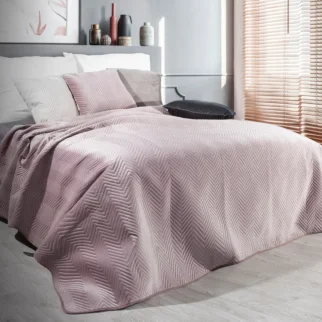 Narzuta welwetowa pudrowy róż 170x210 cm pikowana w jodełkę metodą hot press SOFIA Eurofirany Premium