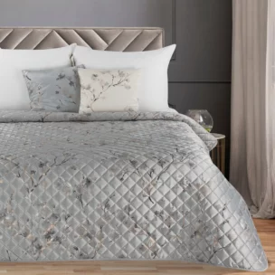 Narzuta welwetowa srebrno, złota 200x220 cm zdobiona nadrukiem kwiatu jabłoni BLINK 5 Eurofirany Premium