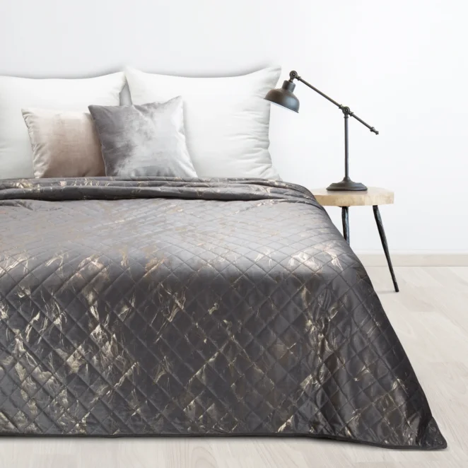 Narzuta welwetowa stalowo, złota 170x210 cm z welwetu zdobiona wzorem marmuru LUIZ 6 Design 91