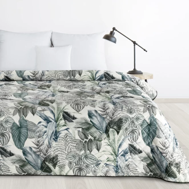 Narzuta zielono, srebrna 170x210 cm pikowana metodą hot press z nadrukiem egzotycznych liści DAVOS Design 91