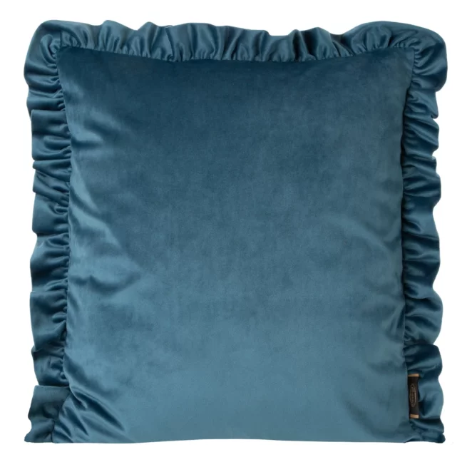Poszewka na poduszkę 45x45 cm welwetowa, niebieska zdobiona na brzegach falbanami VELVET 25 Eurofirany Premium