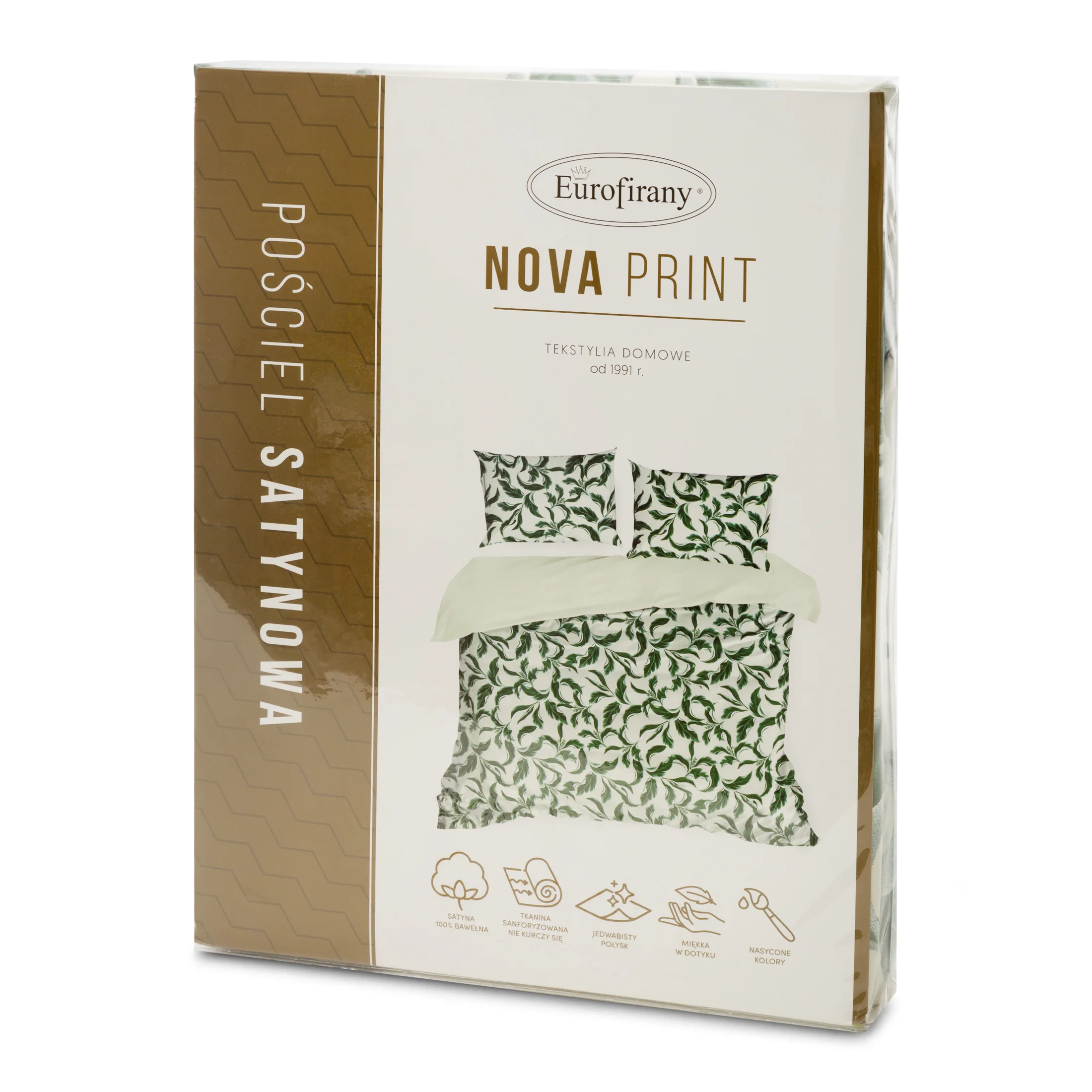 NOVA PRINT Komplet pościeli NIKA z satyny bawełnianej z botanicznym motywem zielonych liści