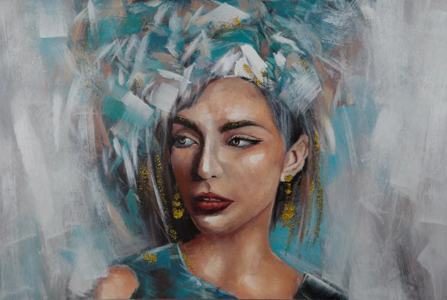 Obraz postaci szaro, turkusowy ręcznie malowany na płótnie 80x120 cm BELLE 6