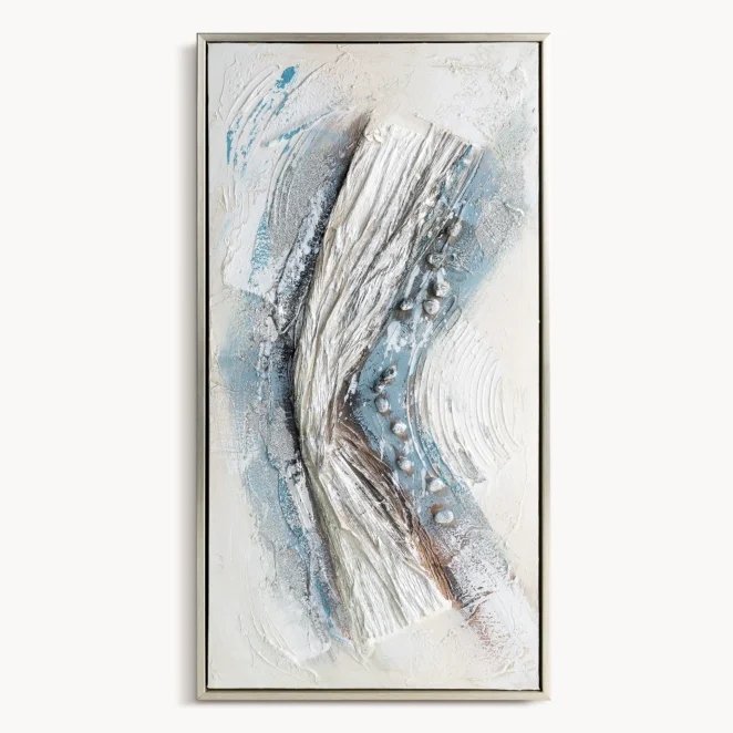 Obraz biało-błękitny ręcznie malowany na płótnie o wyrazistej przestrzennej fakturze 32x62 cm