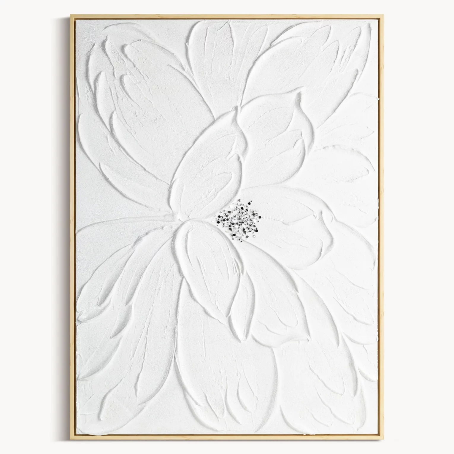 Obraz biały ręcznie malowany trójwymiarowy kwiat zdobiony kryształkami 60x90 cm