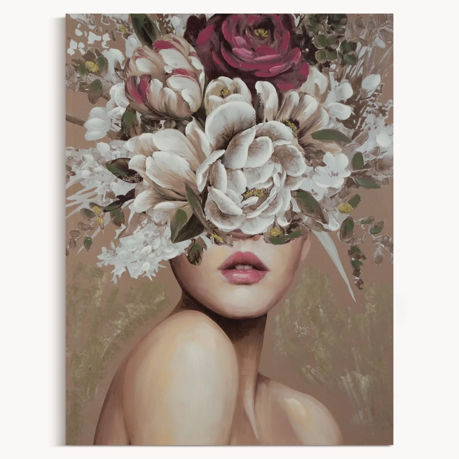 Obraz postaci beżowo, bordowy ręcznie malowany na płótnie 60x80 cm BLOSSOM 1