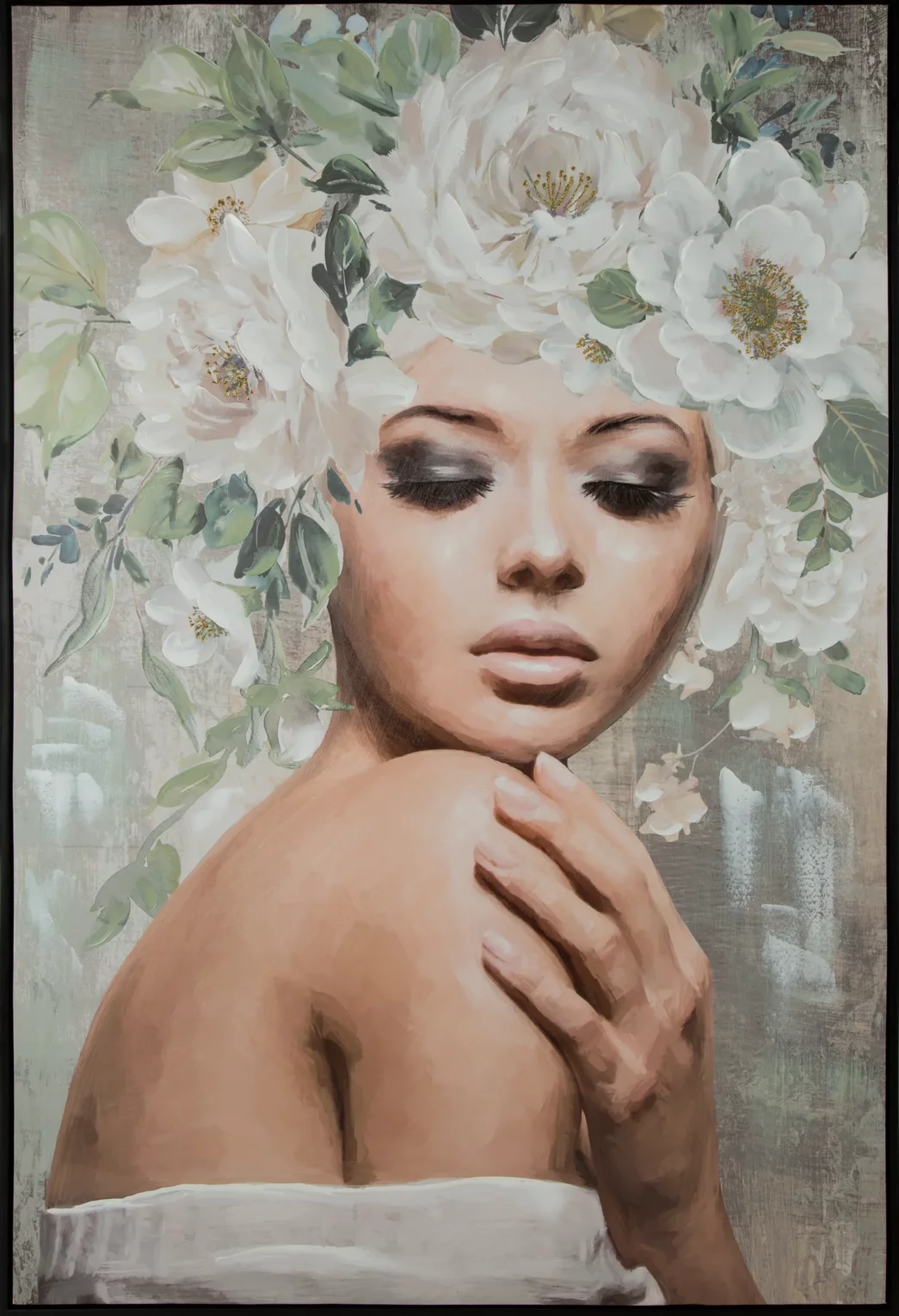 Obraz postaci popielato, zielony ręcznie malowany na płótnie 80x120 cm BLUSH 1