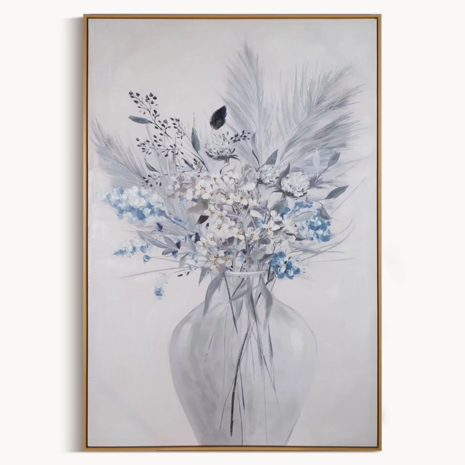 Obraz roślinny biało, szary ręcznie malowany na płótnie 80x120 cm
