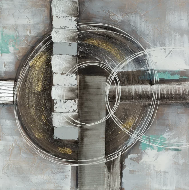 Obraz abstrakcja beżowo, turkusowy ręcznie malowany na płótnie 80x80 cm CIRCLE