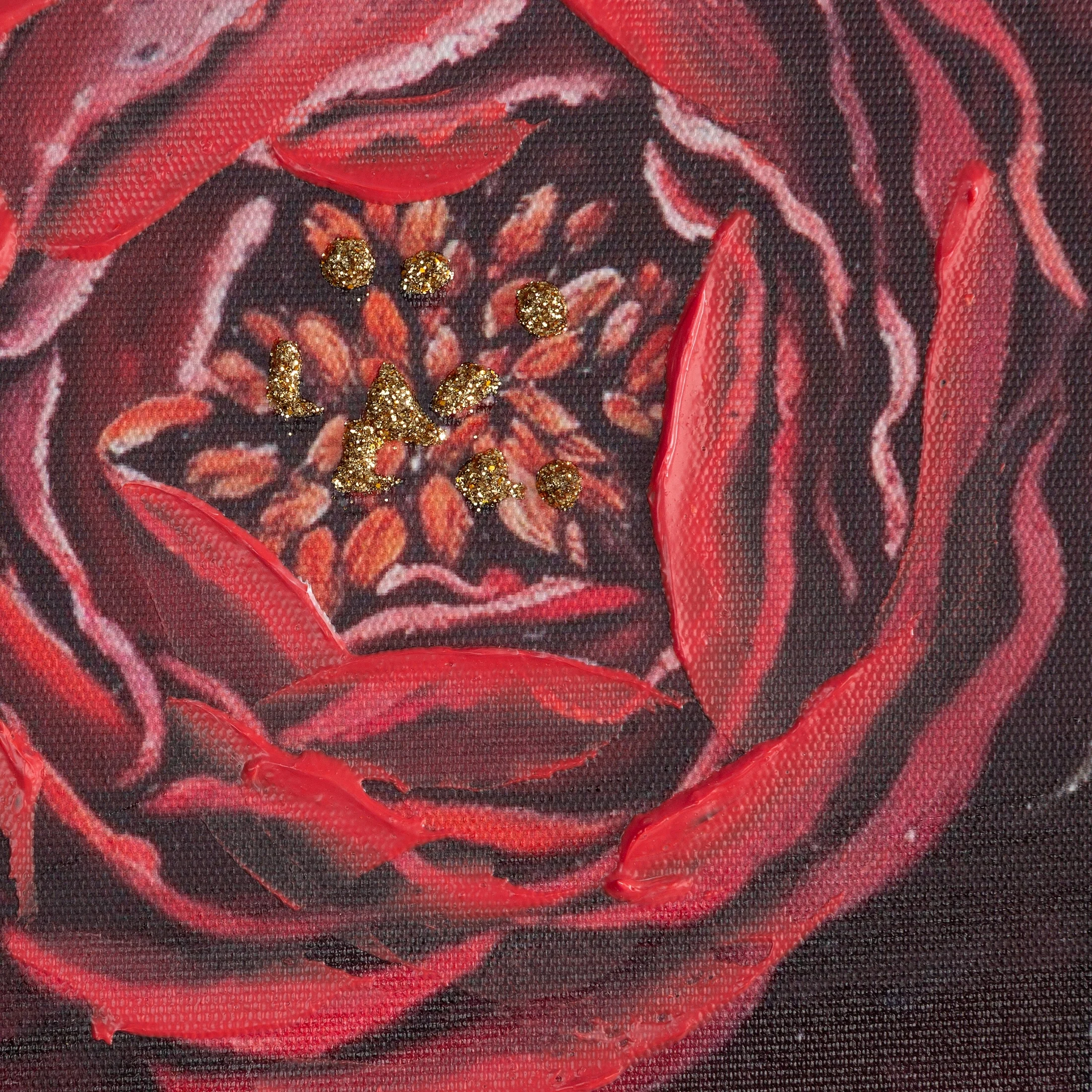 Obraz czerwono-kremowy ręcznie malowany na płótnie portret kobiety z kwiatami 100x100 cm