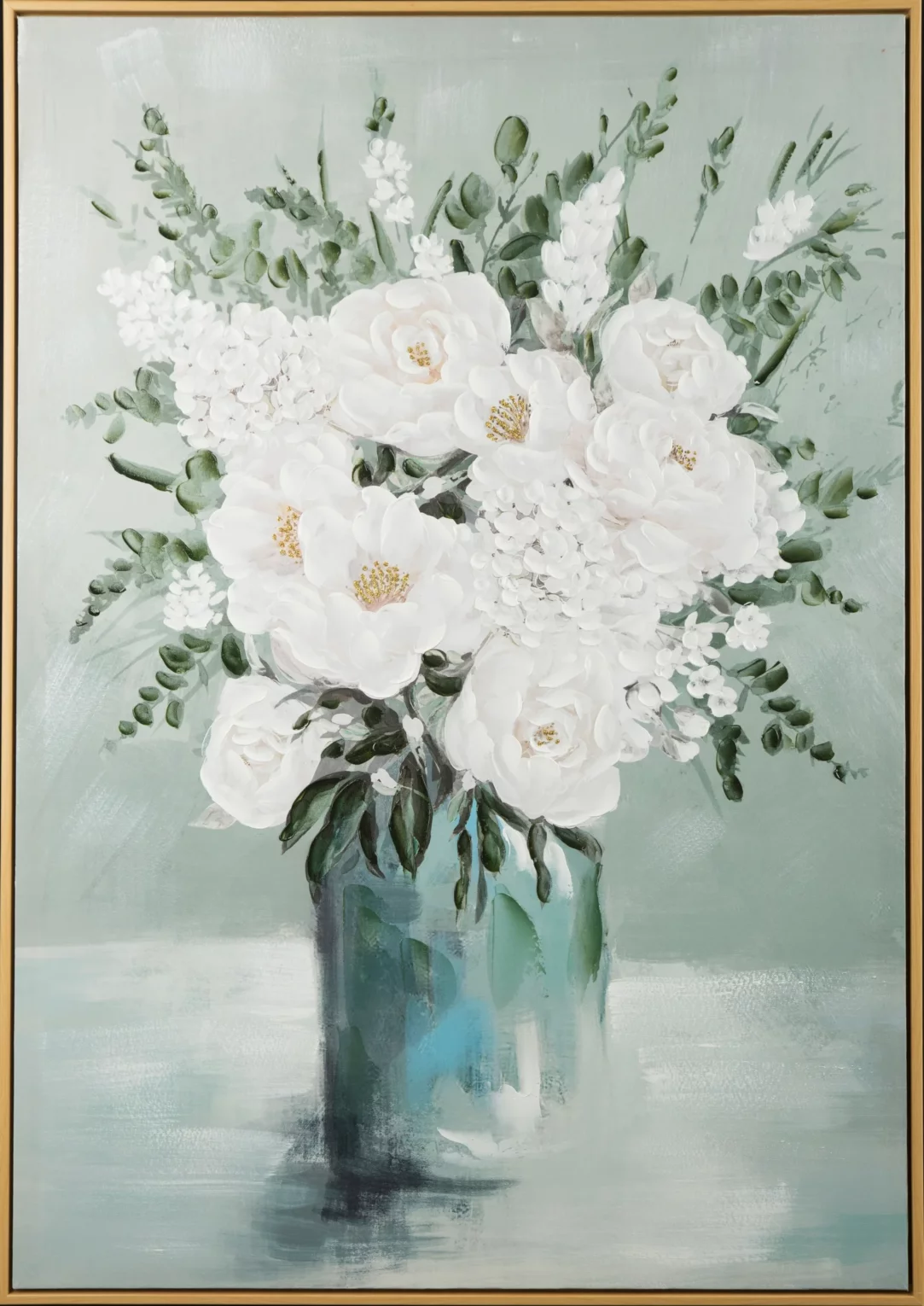 Obraz roślinny biało, niebieski ręcznie malowany na płótnie 70x100 cm FLORA