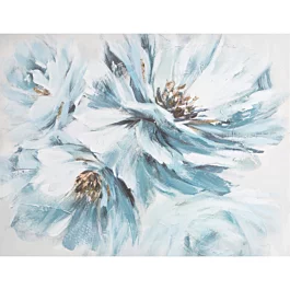 Obraz kwiatowy biało, niebieski ręcznie malowany na pł&oacute;tnie ze złotymi akcentami 80x60 cm FLOWERS