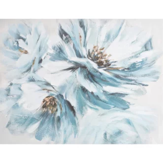 Obraz kwiatowy biało, niebieski ręcznie malowany na płótnie ze złotymi akcentami 80x60 cm FLOWERS