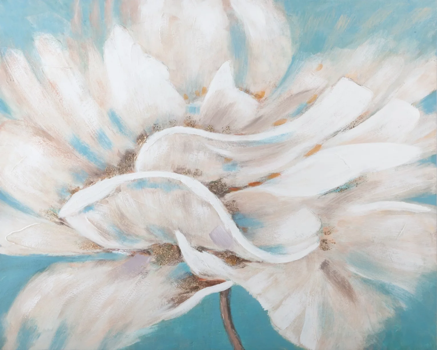 Obraz kwiatowy kremowo, niebieski ręcznie malowany na płótnie podkreślony złotymi akcentami 100x80 cm FLOWERY 2