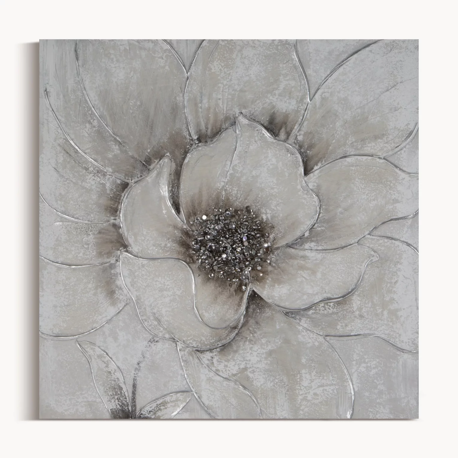 Obraz roślinny szaro, srebrzysty ręcznie malowany na płótnie kwiat z dodatkami cyrkonii 50x50 cm FLOWERY