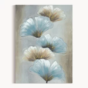 Obraz roślinny beżowo, niebieski ręcznie malowany na płótnie liście miłorzębu 50x70 cm GINKO 1