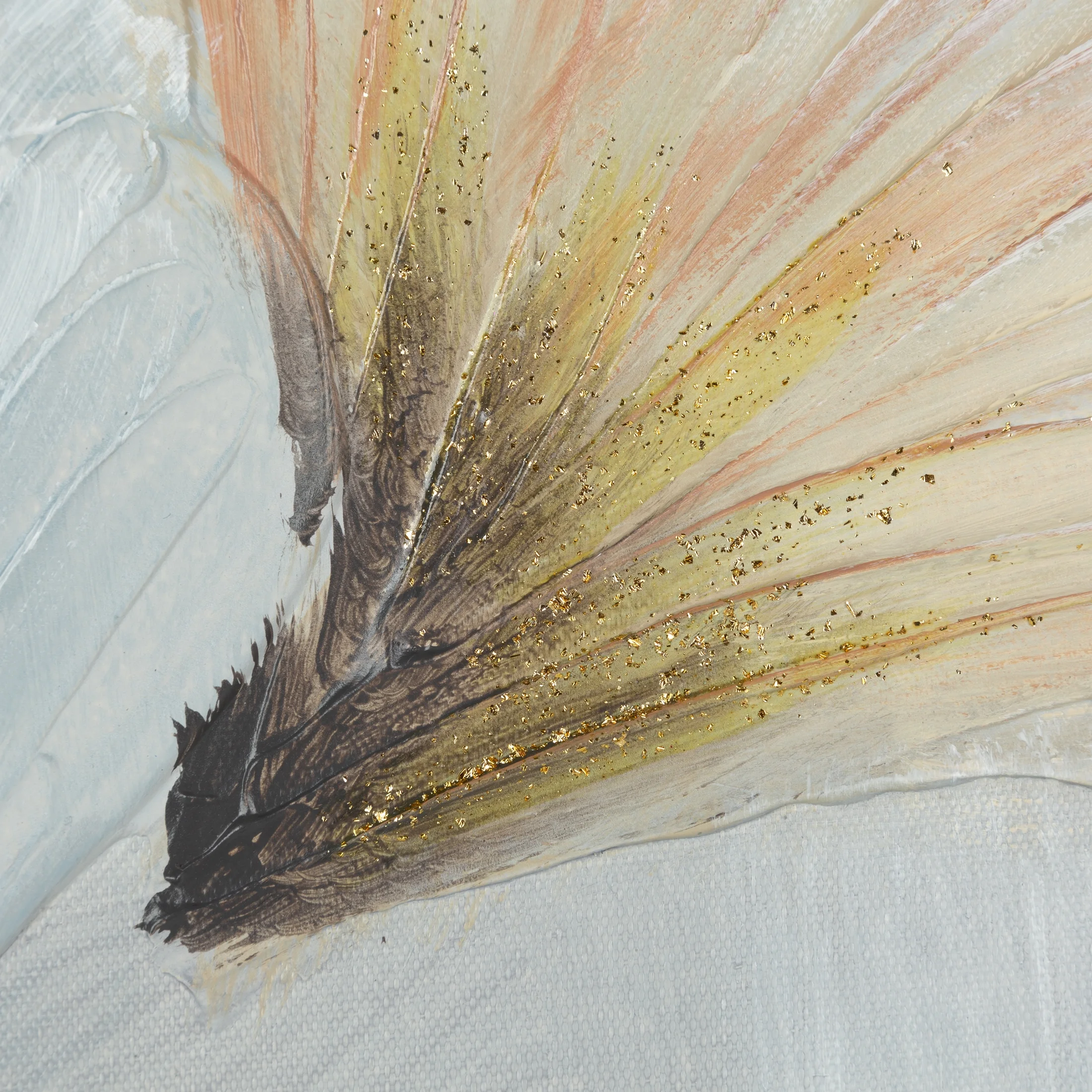 Obraz roślinny beżowo, niebieski ręcznie malowany na płótnie z motywem liści miłorzębu 50x70 cm GINKO 2