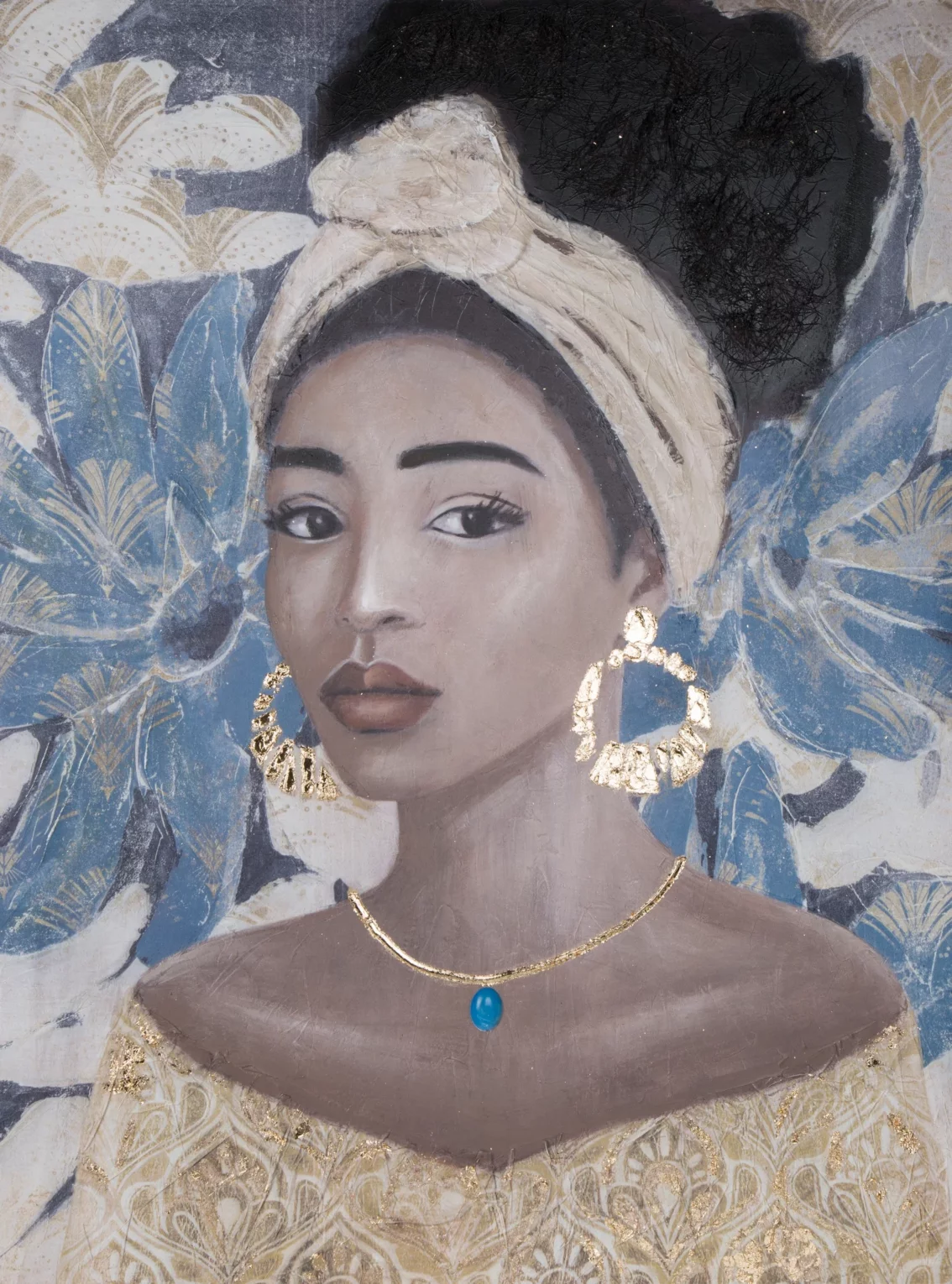 Obraz postać niebiesko, beżowy ręcznie malowany na płótnie 90x120 cm GODDESS 2