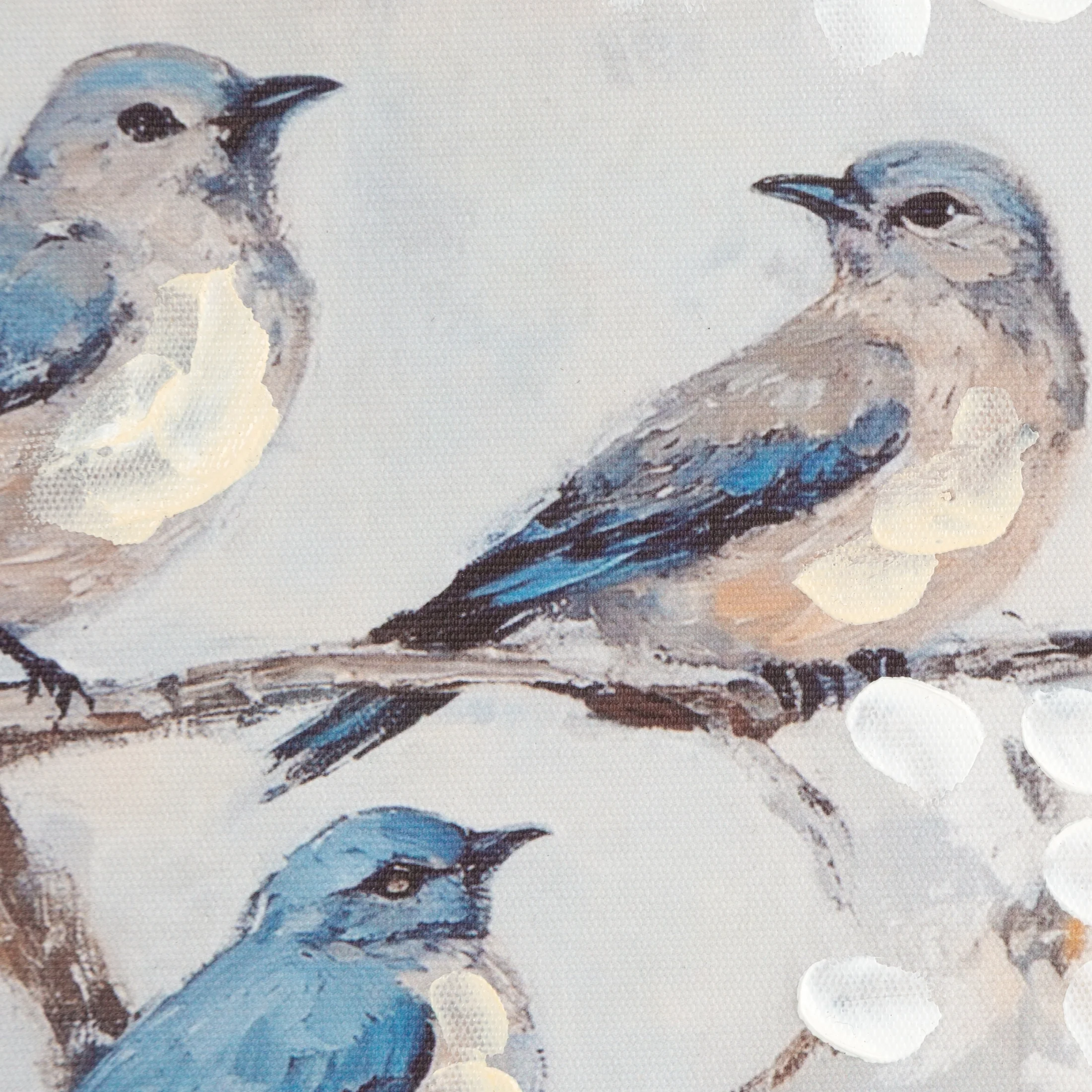 Obraz jasnobeżowo-niebieski ręcznie malowany na płótnie przedstawiający ptaki siedzące na gałęzi 60x30 cm
