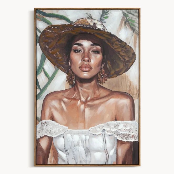 Obraz jasnobrązowo-kremowy ręcznie malowany na płótnie eleganckiej letniej kobiety 60x90 cm