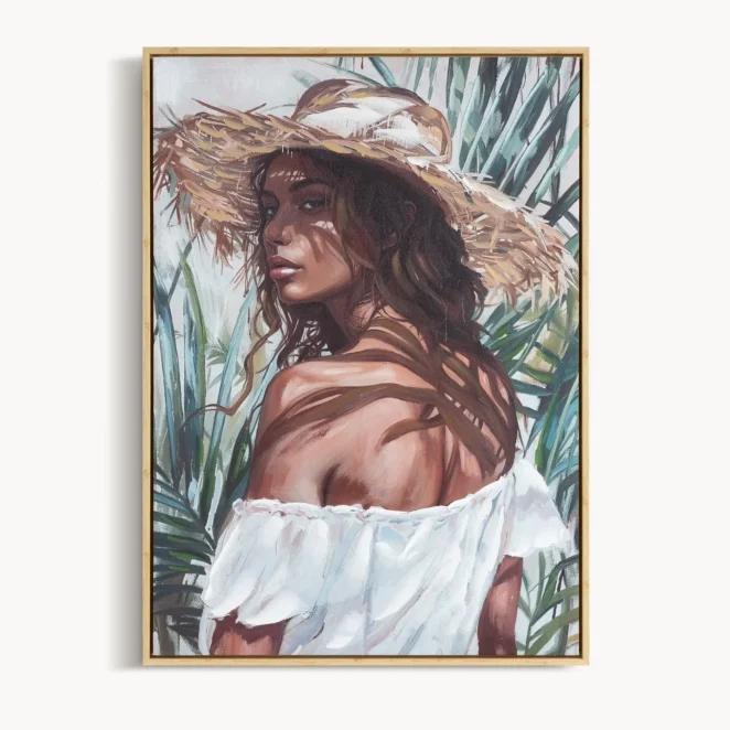 Obraz jasnobrązowo-zielony ręcznie malowany na płótnie kobiety wśród egzotycznych liści 50x70 cm