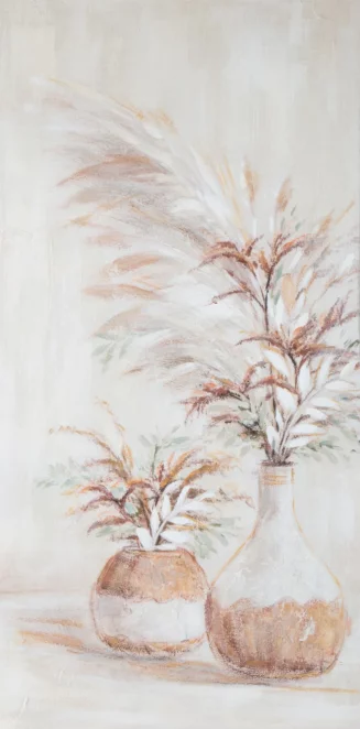 Obraz roślinny beżowo, zielony ręcznie malowany na płótnie, bukiety z trawą pampasową 60x120 cm KITTY 2