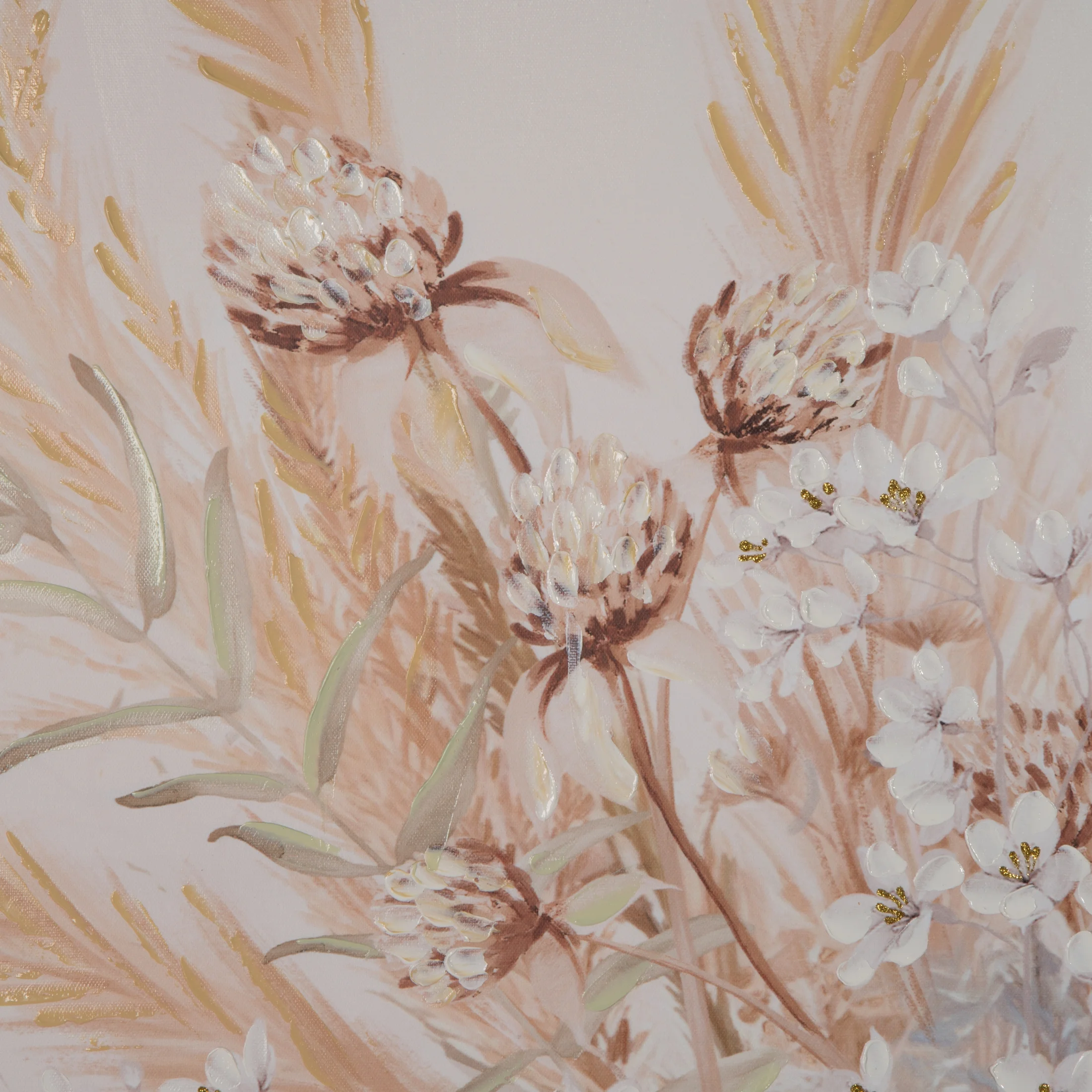 Obraz roślinny biało, naturalny ręcznie malowany na płótnie kolaż 80x120 cm KITTY