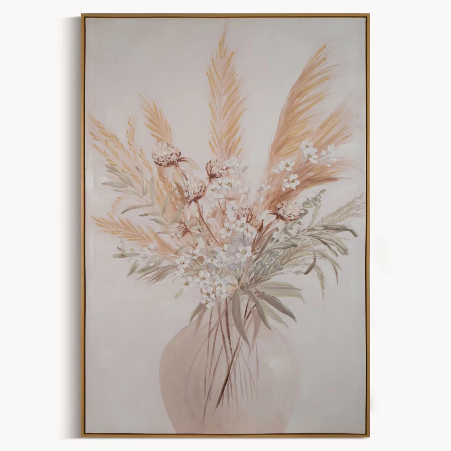 Obraz roślinny biało, naturalny ręcznie malowany na płótnie kolaż 80x120 cm KITTY