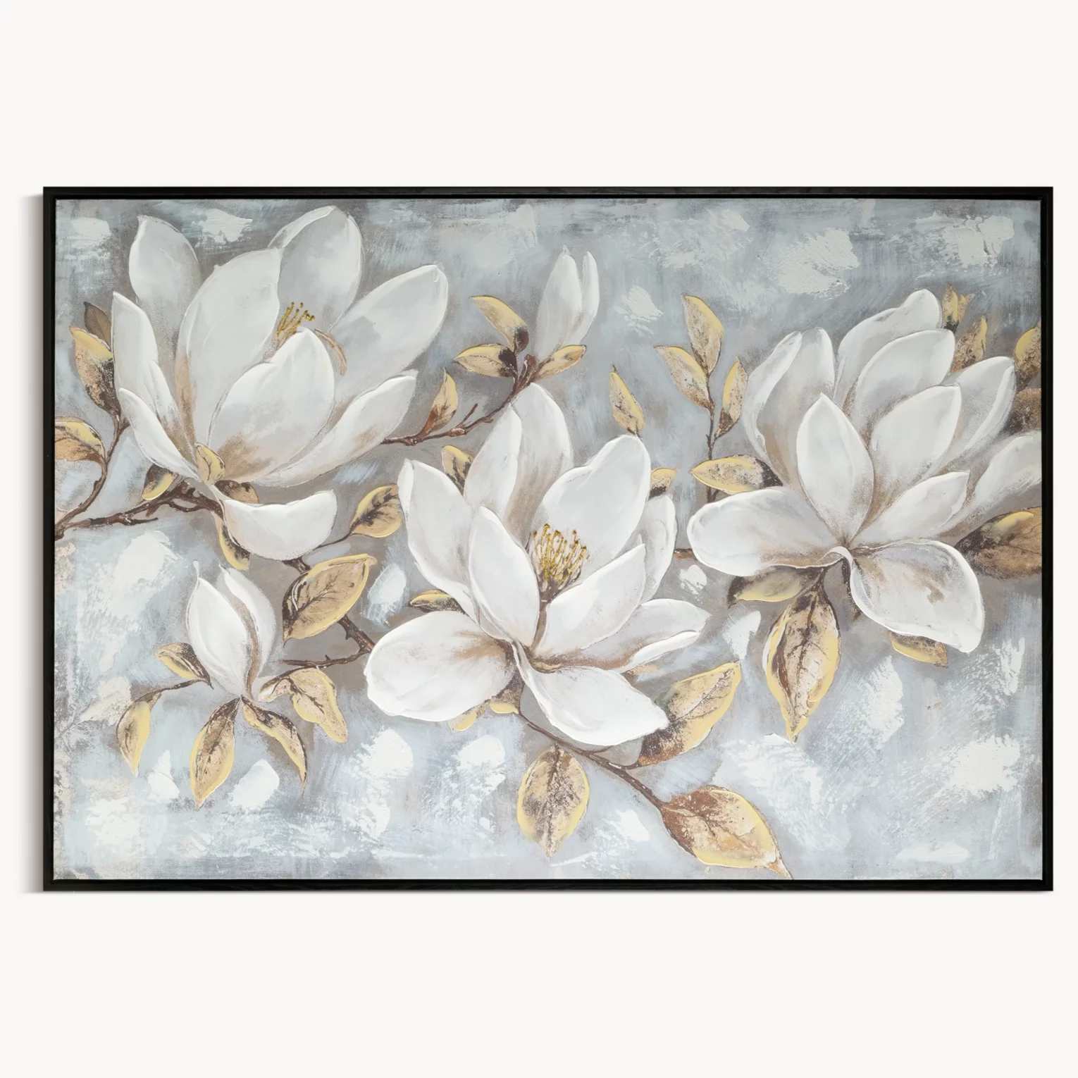Obraz kremowo, beżowy ręcznie malowane magnolie na płótnie z błyszczącymi akcentami 100x70 cm