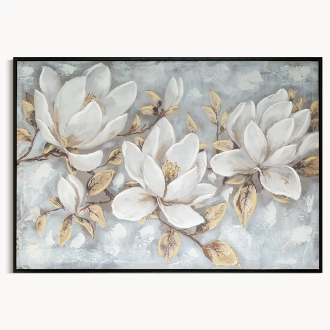 Obraz kremowo, beżowy ręcznie malowane magnolie na płótnie z błyszczącymi akcentami 100x70 cm