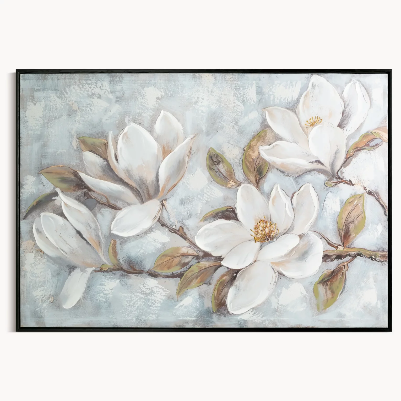 Obraz kremowo, beżowy ręcznie malowane magnolie na płótnie z błyszczącymi akcentami 100x70 cm