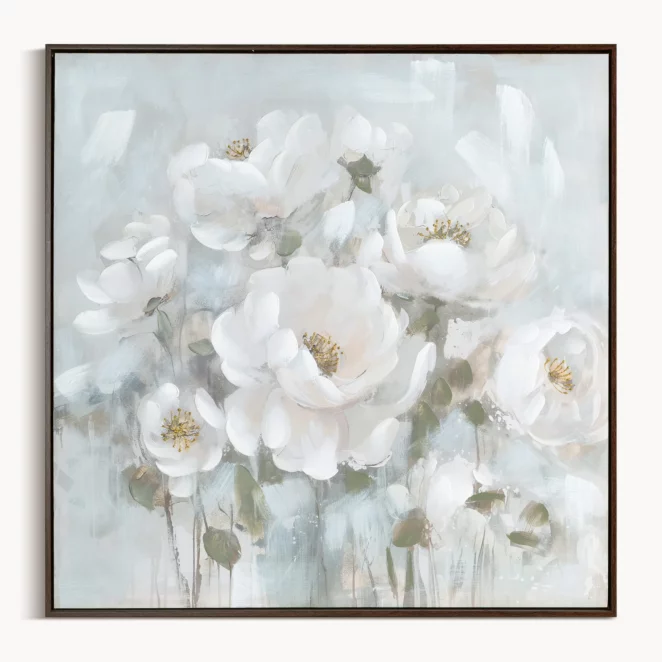 Obraz kremowo, błękitny ręcznie malowany w bukiet subtelnych kwiatów na płótnie 80x80 cm