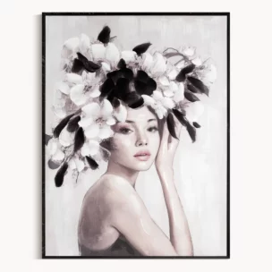 Obraz kremowo, czarny ręcznie malowanej kobiety z kwiatami na płótnie 60x80 cm