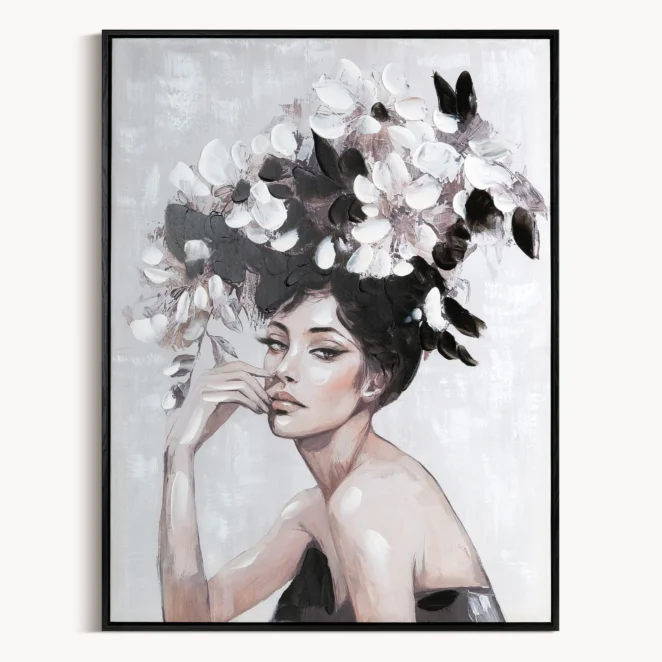 Obraz kremowo, czarny ręcznie malowanej kobiety z kwiatami na płótnie 60x80 cm