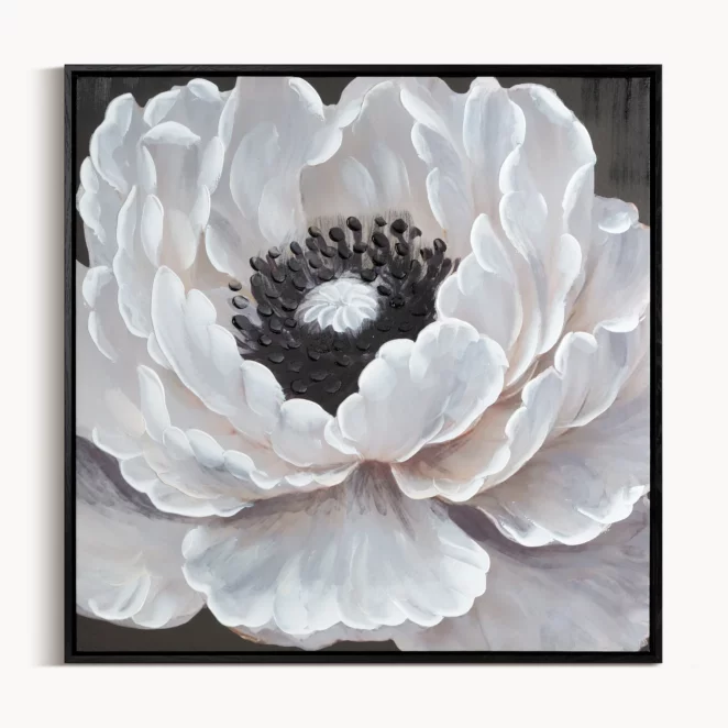 Obraz kremowo, czarny ręcznie malowany na płótnie kwiat 60x60 cm