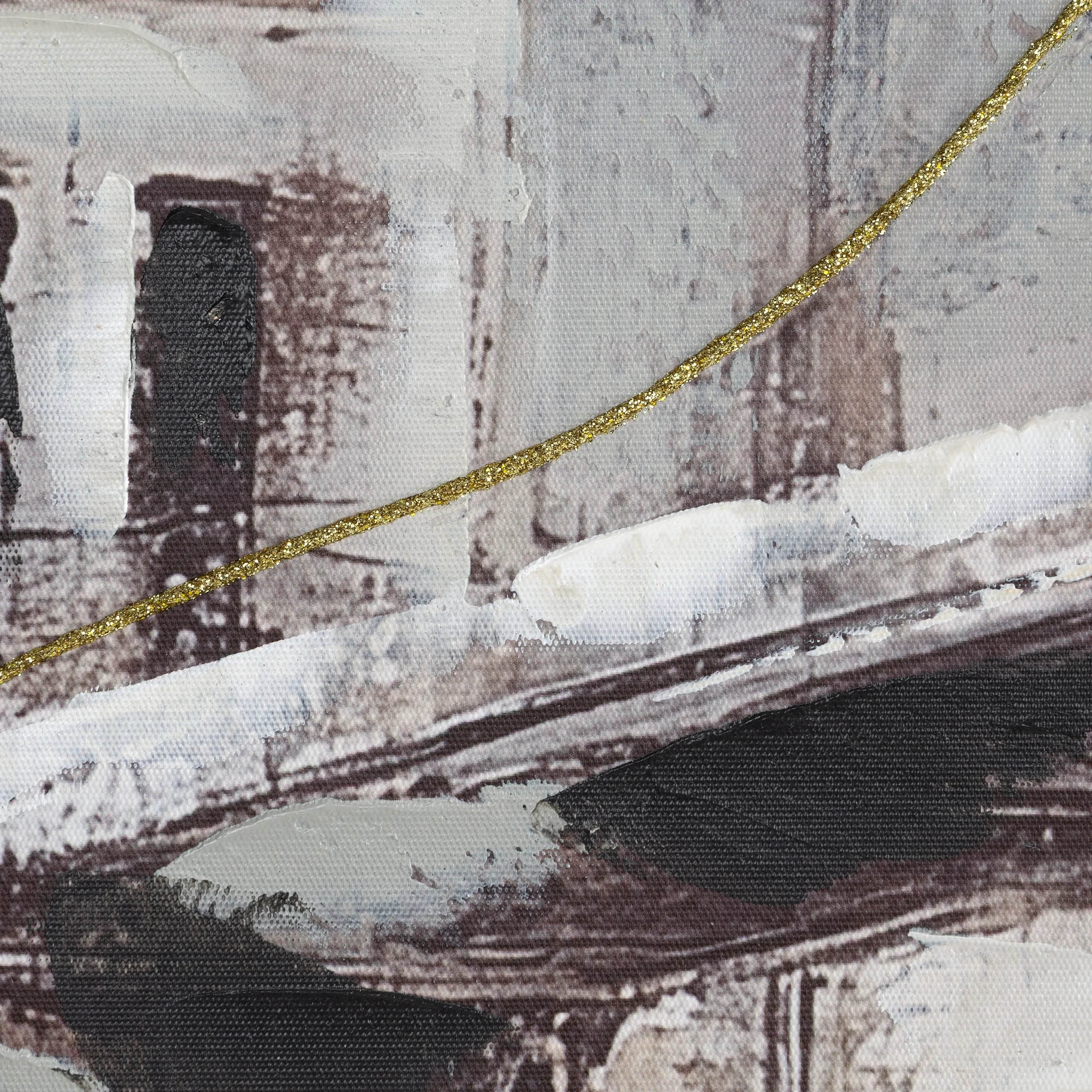 Obraz kremowo-jasnobeżowy ręcznie malowany na płótnie przedstawiający panoramę miejską 80x80 cm