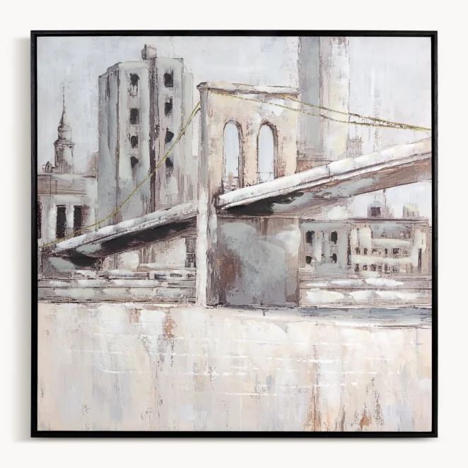 Obraz kremowo-jasnobeżowy ręcznie malowany na płótnie przedstawiający panoramę miejską 80x80 cm