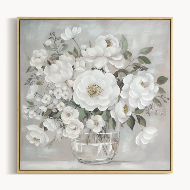 Obraz kremowo-jasnobeżowy ręcznie malowany na płótnie z motywem kwiatów 60x60 cm