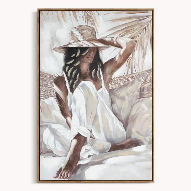 Obraz kremowo-jasnobrązowy ręcznie malowany na płótnie eleganckiej kobiety w kapeluszu 60x90 cm