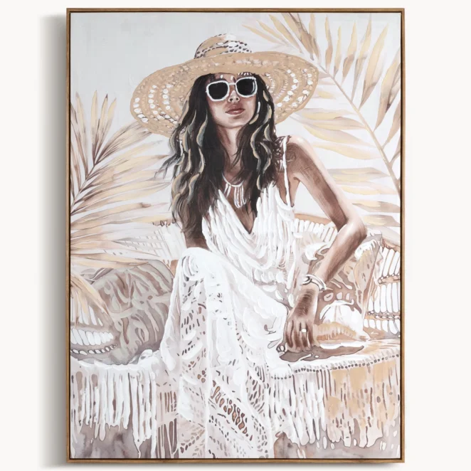 Obraz kremowo-jasnobrązowy ręcznie malowany na płótnie eleganckiej kobiety w kapeluszu 90x120 cm