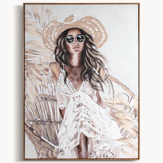 Obraz kremowo-jasnobrązowy ręcznie malowany na płótnie eleganckiej kobiety w kapeluszu 90x120 cm