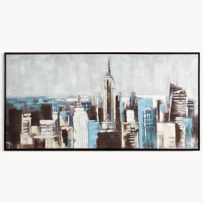 Obraz kremowo-jasnobrązowy ręcznie malowany przedstawiający widok metropolii 120x60 cm