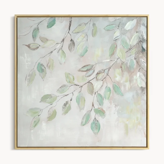 Obraz kremowo-jasnozielony ręcznie malowany na płótnie z motywem roślinnym 60x60 cm