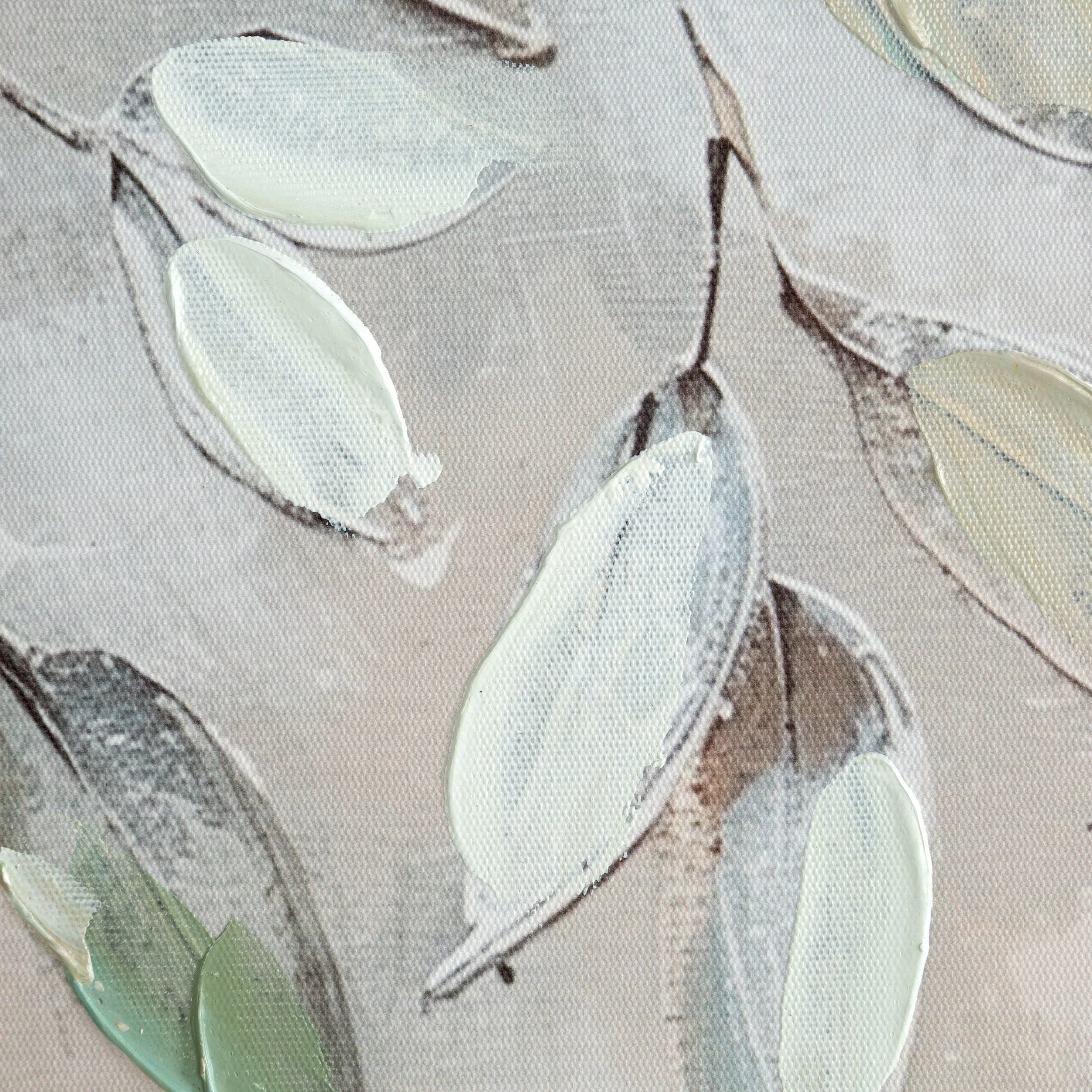 Obraz kremowo-jasnozielony ręcznie malowany na płótnie z motywem roślinnym 60x60 cm