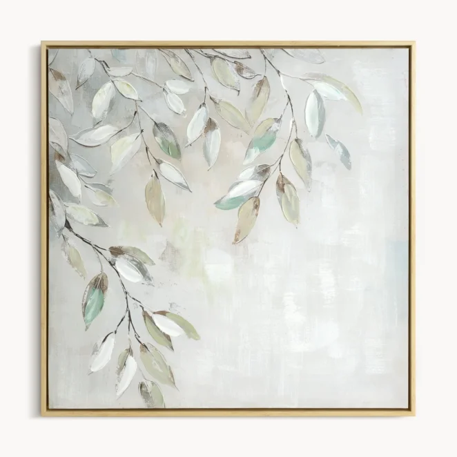 Obraz kremowo-jasnozielony ręcznie malowany na płótnie z motywem roślinnym 60x60 cm
