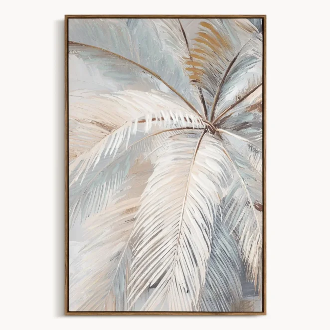 Obraz kremowo-popielaty ręcznie malowany na płótnie z motywem egzotycznych liści palm 60x90 cm