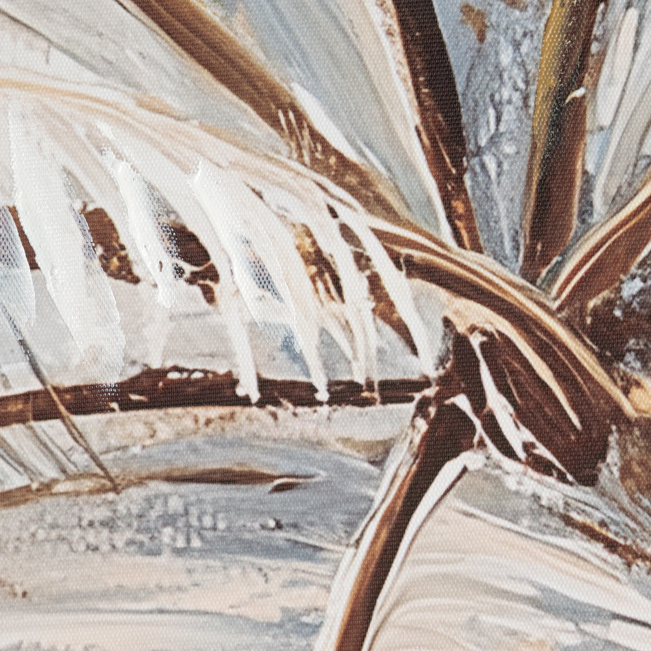 Obraz kremowo-popielaty ręcznie malowany na płótnie z motywem egzotycznych liści palm 60x90 cm