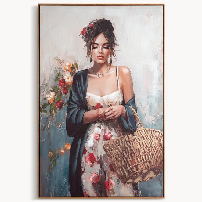Obraz kremowo-różowy ręcznie malowany na płotnie kobiety 80x120 cm