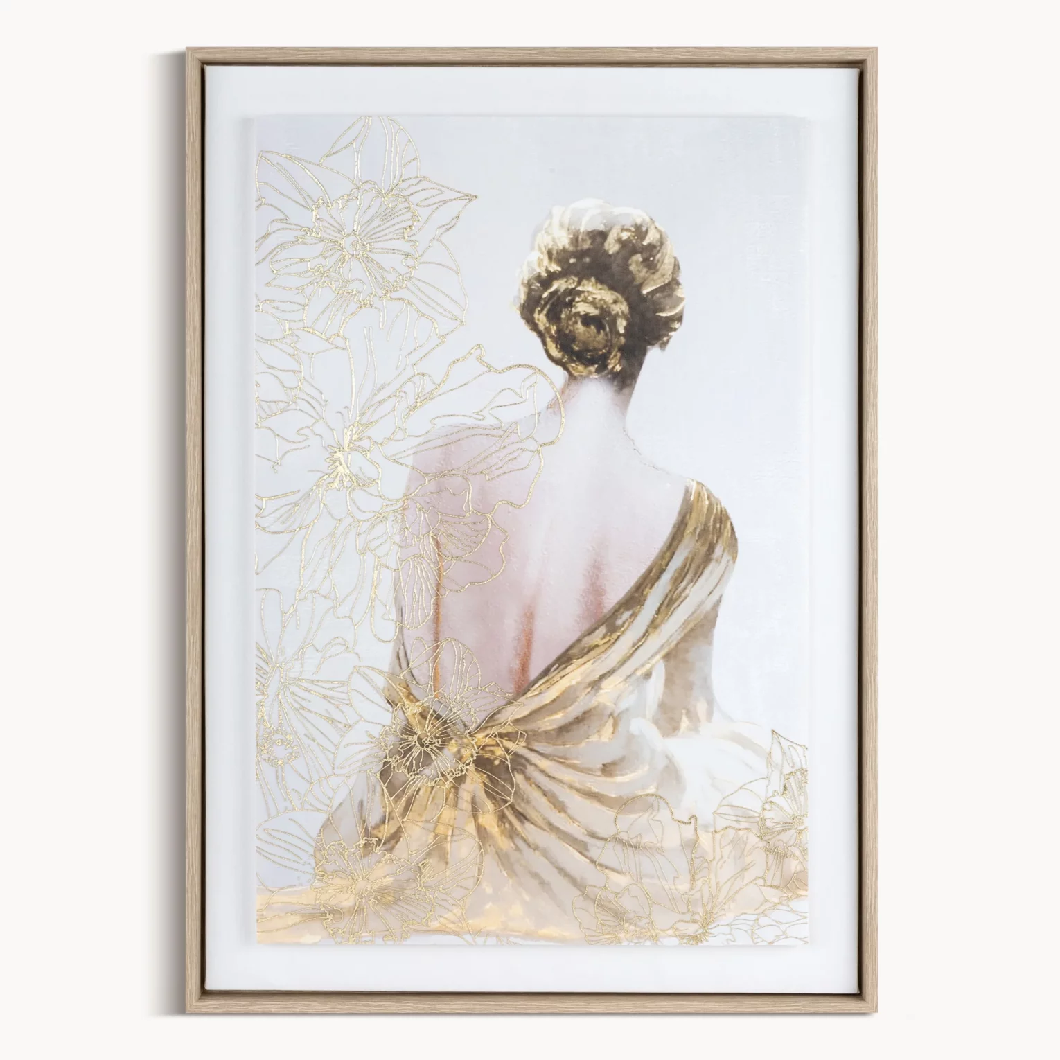 Obraz kremowo, złoty dekoracyjny z artystycznym motywem postaci oprawiony w ramę 50x70 cm